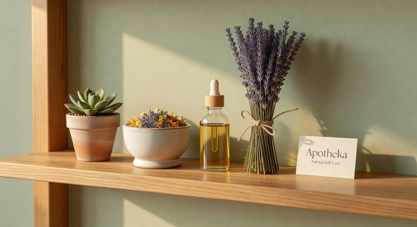 Apotheka apothecary shelf with natural self-care essentials
